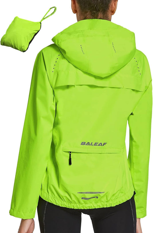 Womens Waterproof Rain Jacket in neon green with hood, packable design and reflective details, ideal for running and cycling.